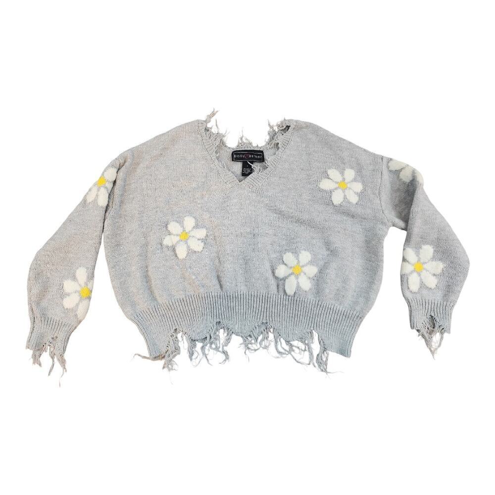 Poly & Esther sz large knit sweater with Daisy crop top raw hem gray v neck